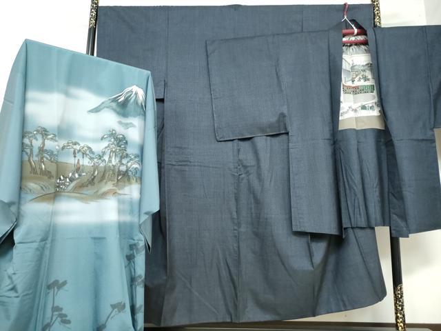 平和屋着物●男性 紬 アンサンブル 長襦袢（無双仕立て）セット 幾何学文様 正絹 逸品 DAAY5563ud