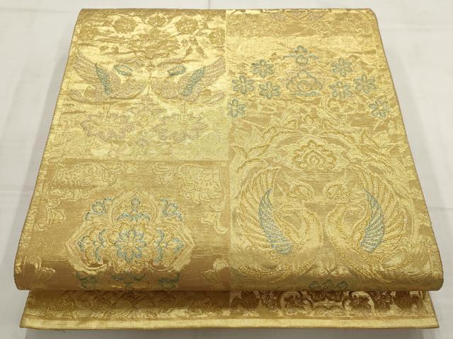 平和屋着物▼西陣　高島織物謹製　六通柄袋帯　色紙花鳥文　青銅箔　金銀糸　正絹　逸品　AABC6431wj