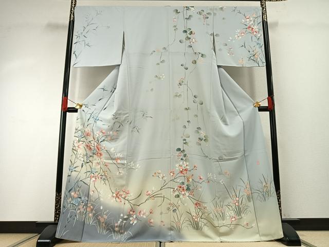 平和屋着物●十日町友禅作家　松雨　訪問着　立鶴枝花文　暈し染め　金彩　正絹　逸品　DABA4649az 平和屋着物○十日町友禅作家 松雨 訪問着 立鶴枝花文 暈