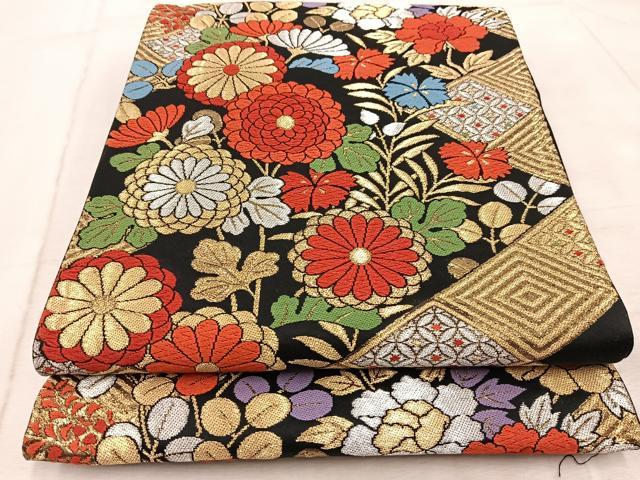 平和屋着物◎六通柄袋帯　唐織　吉祥花文　黒地　金銀糸　正絹　逸品　BAAV7069yc