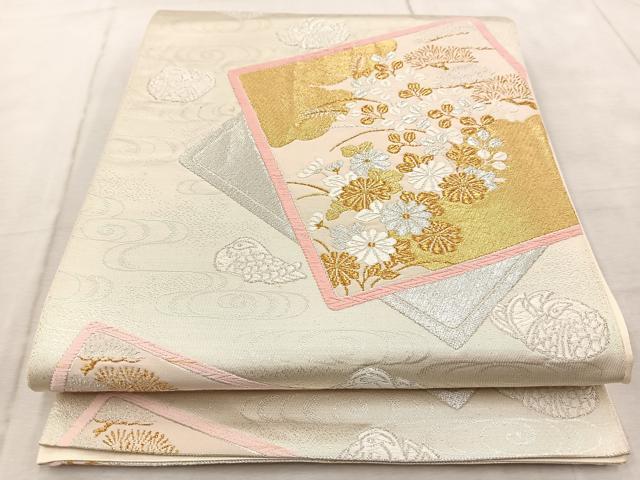 平和屋着物◎六通柄袋帯　唐織　色紙重ね花鳥文　金銀糸　正絹　逸品　BAAV7072yc