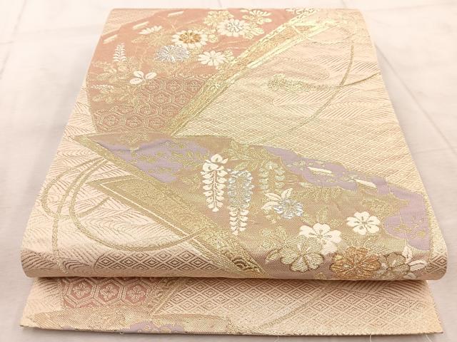 平和屋着物◎六通柄袋帯　唐織　檜扇花文　金銀糸　正絹　逸品　BAAV7103yc