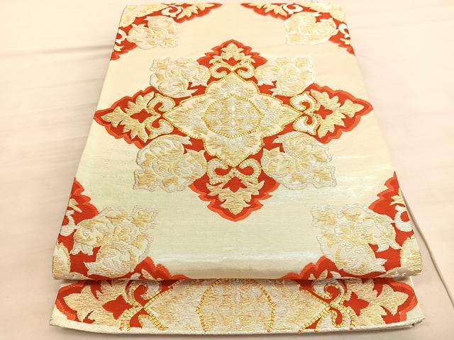平和屋着物◎六通柄袋帯　駒刺繍　花菱文　金銀糸　正絹　逸品　BAAV8574hv