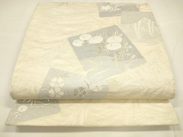 平和屋着物＊夏物　六通柄袋帯　色紙草花文　銀糸　正絹　逸品　DABA0026cm