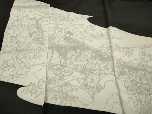 平和屋着物▼黒留袖　解き反物　着尺　裁断済　色付前　孔雀花文　逸品　未使用　DABD7347zzz