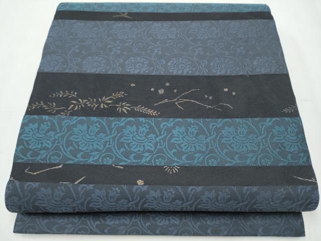 平和屋着物●両面　全通柄袋帯　更紗横段花鳥文　金糸　正絹　逸品　CABA5110hy