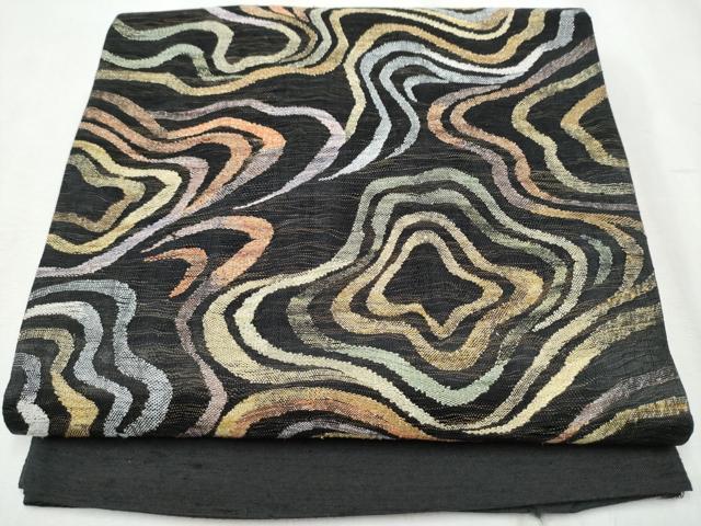 平和屋着物●スリーシーズン　春夏秋　太鼓柄袋帯　櫛織　墨流し文様　黒地　金糸　正絹　逸品　未使用　CABA5108hy