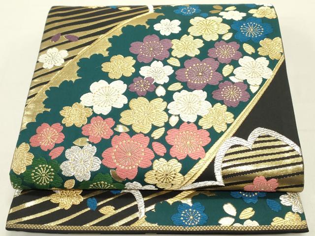 平和屋着物●両面　六通柄袋帯　舞桜文　黒地　金銀糸　正絹　逸品　DAAY0443ob