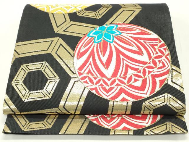 平和屋着物●六通柄袋帯　唐織　鞠文　黒地　金糸　正絹　逸品　DAAY0486ob