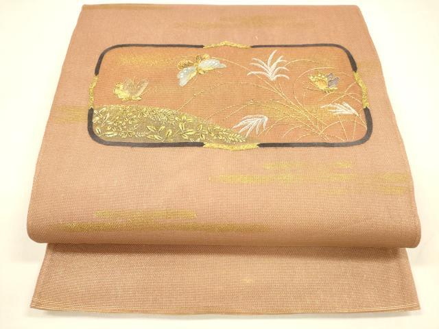 Other - 平和屋着物＊夏物　太鼓柄袋帯　刺繍　舞蝶草葉文　金糸　引箔　正絹　逸品　DABA0098cm