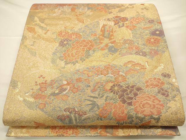 平和屋着物◎流水袋帯 地紙御所車花鳥文 金糸 正絹 逸品 CAAU8800ft