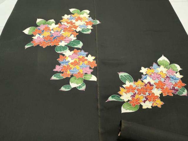 平和屋着物▼羽織・コート　反物　羽尺　草花文　黒地　逸品　未使用　DAAY7035zy　