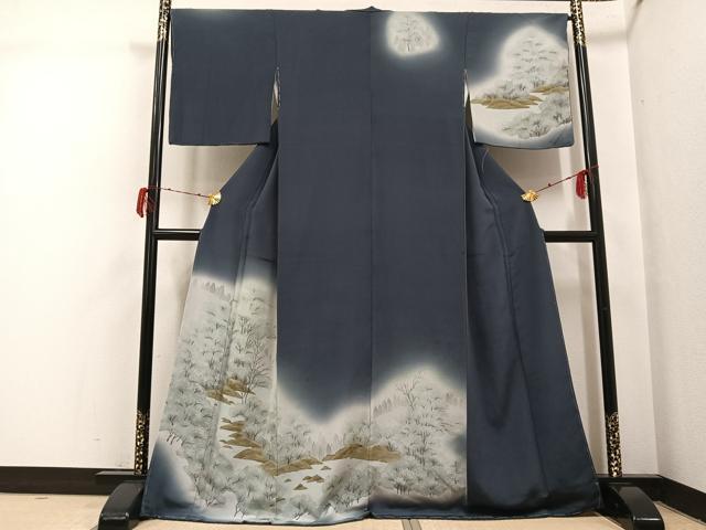 Full-Length Under-Kimono - 平和屋着物●訪問着　手描き　樹林文　暈し染め　鬼しぼ縮緬　正絹　逸品　未使用　AABH3835ph
