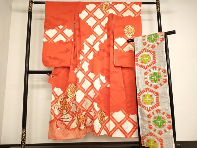平和屋着物∵女の子 十三参り 子供 祝着・袋帯セット 駒刺繍 絞り 源氏車文 金彩 逸品 AABB5779ja