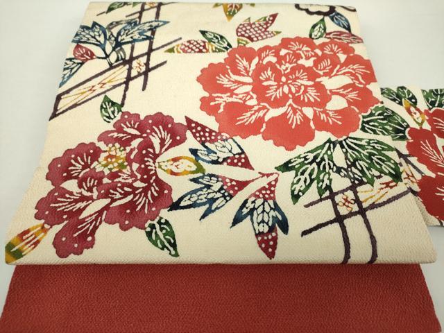 平和屋着物●九寸名古屋帯　型染　牡丹文　鬼しぼ縮緬　正絹　逸品　DAAZ0269ps