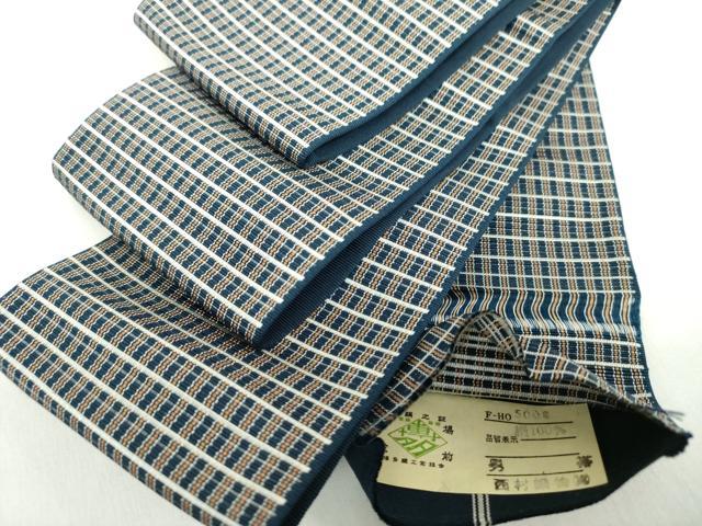 平和屋着物●男性 本場筑前博多織 両面 角帯 格子 西村織物謹製 証紙付き 正絹 逸品 未使用 DAAZ0327ps