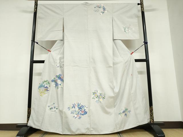 Full-Length Under-Kimono - 平和屋着物●本加賀友禅作家　毎田仁郎　訪問着　紬地　飛鳥草花文　正絹　逸品　未使用　DABD9256ud