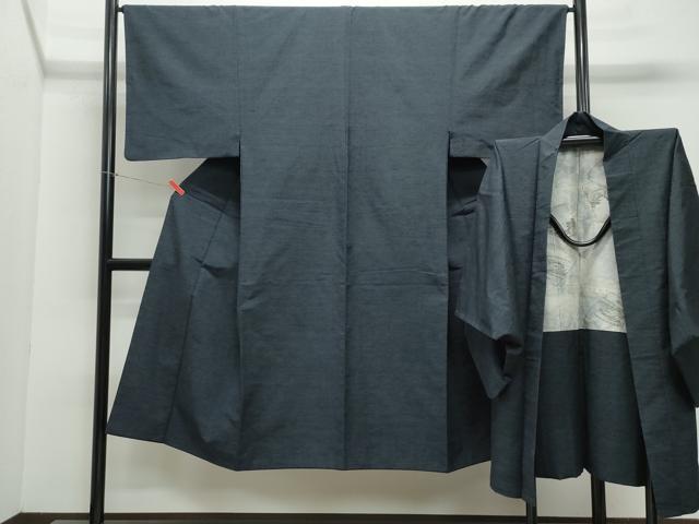 平和屋着物●男性 紬 アンサンブル 藍鉄色 正絹 逸品 CAAZ8284vf