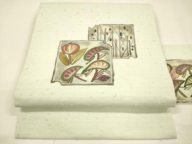 平和屋着物●九寸名古屋帯　髭紬　作家物　手描き　草葉文　正絹　逸品　DAAZ4071cm