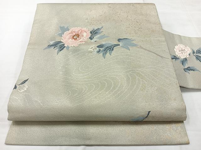 平和屋着物◎九寸名古屋帯　流水花文　金銀糸　正絹　逸品　AABC8975uk