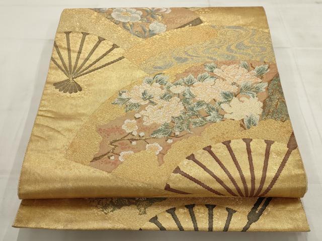 平和屋着物▼六通柄袋帯 扇面に花弁図 金糸 正絹 逸品 AABD2874wj