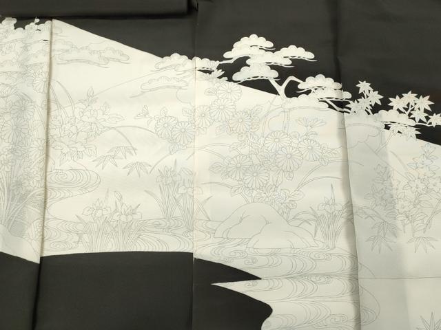 平和屋着物▼黒留袖　解き反物　着尺　色付前　流水花松文　逸品　未使用　DABC7487we