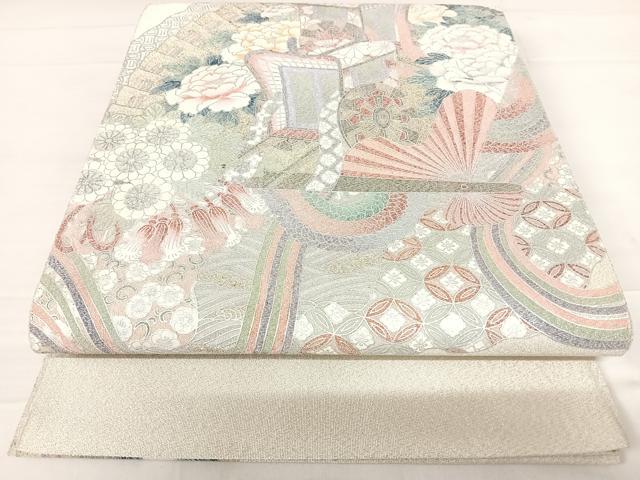 平和屋着物◎綴れ　太鼓柄袋帯　御所車花文　銀彩　正絹　逸品　AABD3514yx