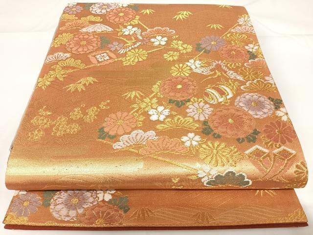 平和屋着物◎六通柄袋帯　飛鶴吉祥花文　金糸　正絹　逸品　AABF4947yx