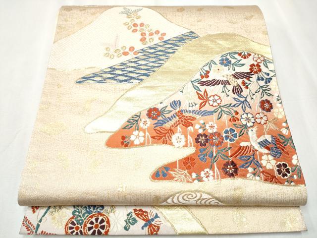 平和屋着物▼六通柄袋帯　唐織　遠山花鳥文　金銀糸　正絹　逸品　CABA1033hy