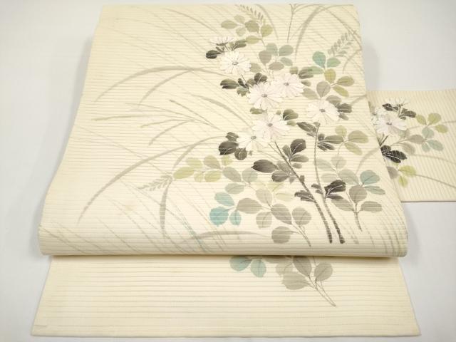 平和屋着物＊夏物　九寸名古屋帯　手描き　刺繍　枝菊文　銀彩　正絹　逸品　CABH6376tx
