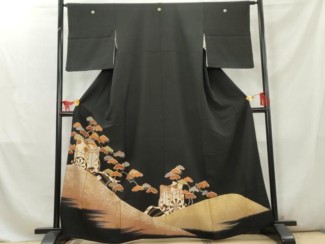 平和屋着物■豪華黒留袖 駒刺繍 御所車松文 金銀彩 正絹 逸品 AABD2520cs