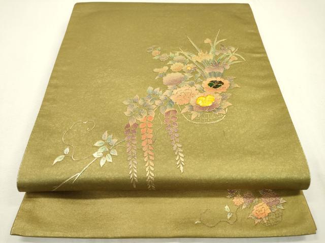 平和屋着物▼太鼓柄袋帯　螺鈿　花籠文　金彩　正絹　逸品　DABB1218fe