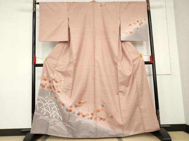 平和屋着物●訪問着　紬地　刺繍　立波枝花文　金彩　正絹　逸品　AABD6397cs