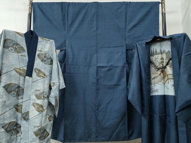 平和屋着物●男性　本場大島紬　アンサンブル・長襦袢セット　格子　正絹　逸品　CAAZ3710yc