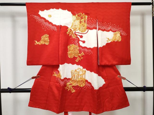 平和屋着物[]お宮参り　女の子　祝着　産着　初着　のしめ　駒刺繍　絞り　御所車花文　逸品　DABE7269ma