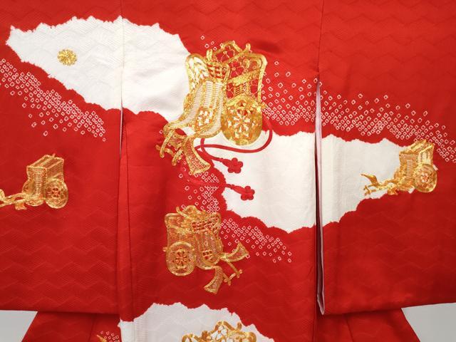 平和屋の平和屋着物[]お宮参り　女の子　祝着　産着　初着　のしめ　駒刺繍　絞り　御所車花文　逸品　DABE7269ma｜アングル3