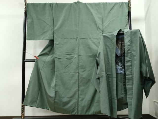 平和屋着物●男性 紬 アンサンブル 色無地 老竹色 キングサイズ 正絹 逸品 CAAS6899yc