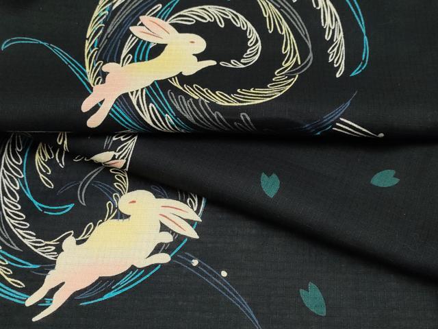 平和屋着物∴夏物　浴衣　綿紅梅　跳兎　黒地　綿　逸品　CABF2765tx
