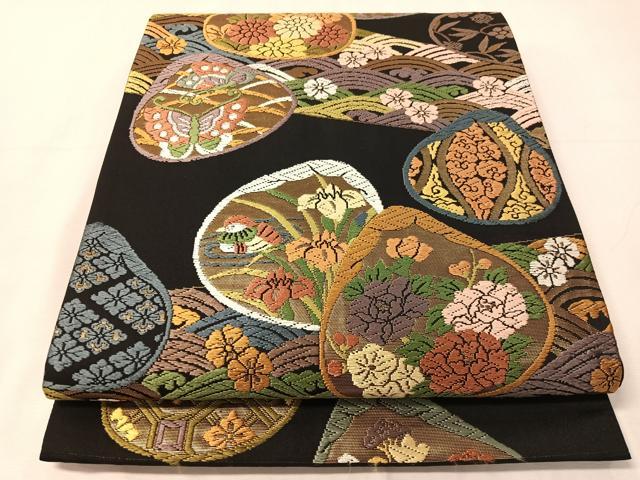 平和屋着物●六通柄袋帯　唐織　貝合わせ花蝶文　黒地　金糸　正絹　逸品　未使用　CABJ0575vp