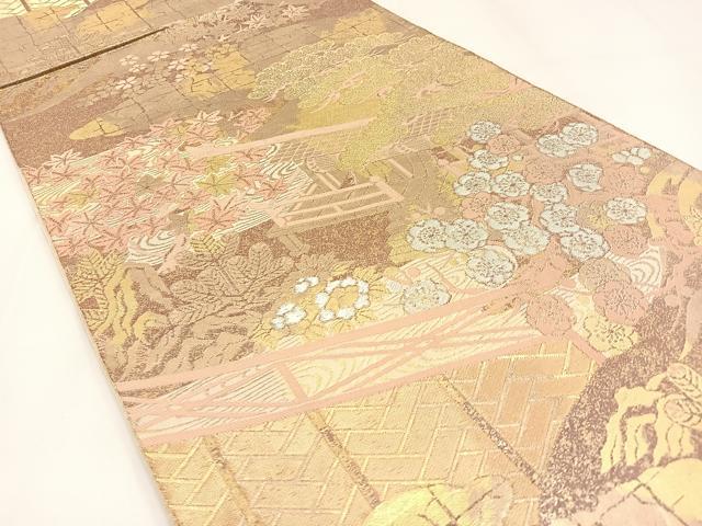 平和屋の平和屋着物◎西陣 服部織物謹製 六通柄袋帯 風景花文 こはく錦 特選 手工芸 金銀糸 引箔 正絹 逸品 BAAW9374hj｜アングル2