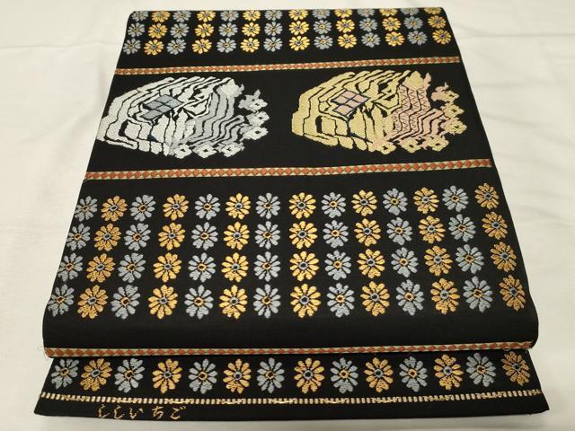 平和屋着物●六通柄 本袋帯 唐織 ししいちご 黒地 金糸 関西仕立て 正絹 逸品 CABA2334dy