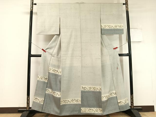 平和屋着物●人間国宝　芹沢圭介一番弟子　下平清人　訪問着　生紬　型染め　横段草花文　正絹　逸品　CABC2677vp