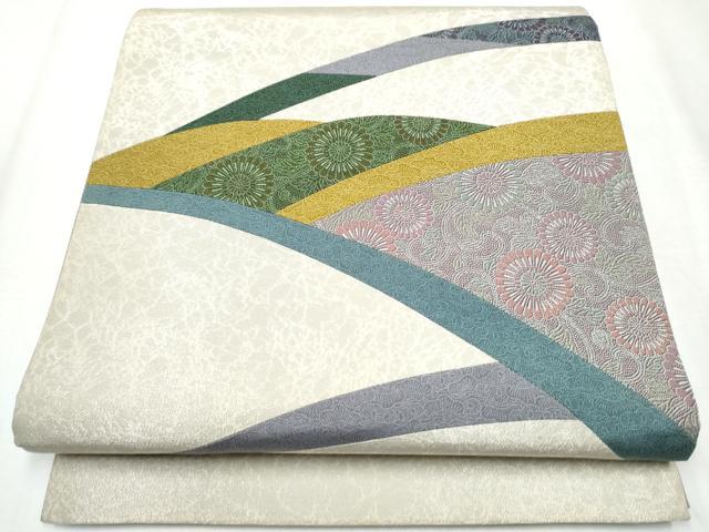 平和屋着物●人間国宝 初代 六谷梅軒(六谷紀久男)錐彫り 重要無形文化 財伊勢型紙 太鼓柄袋帯 切嵌 菊唐草文 銀糸 正絹 逸品CABA5135hy