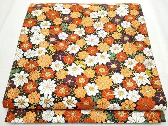 平和屋着物●西陣　河合美術織物謹製　六通柄袋帯　唐織　花唐草文　黒地　金糸　正絹　逸品　CABA5197hy