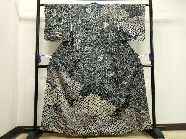 平和屋着物●訪問着　手描き　ろうけつ染め　雲重ね七宝青海波　黒地　正絹　逸品　CABA8867dy