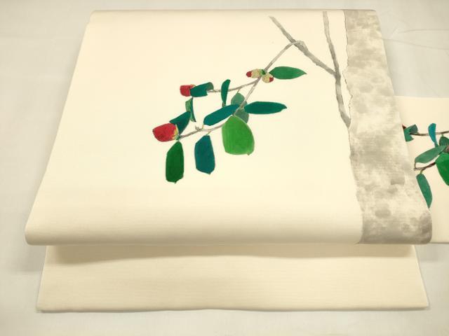平和屋着物●塩瀬　九寸名古屋帯　手描き　枝花文　正絹　逸品　DABA0162cm