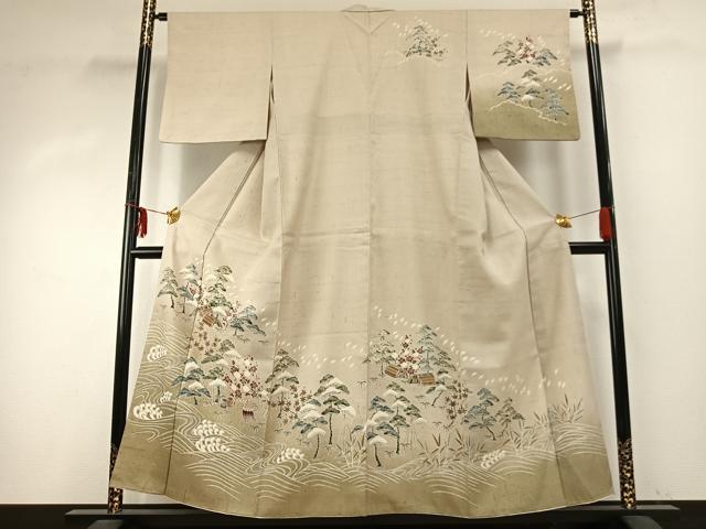 平和屋着物●訪問着　紬地　友禅　風景立波文　正絹　逸品　AABD8619fy