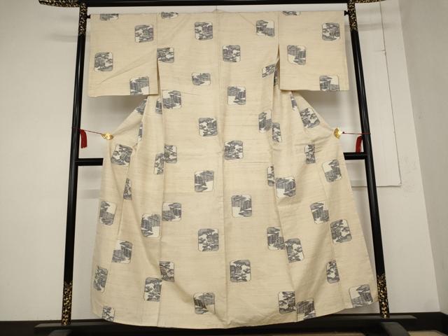 平和屋着物■上質な紬 色紙風景文 正絹 逸品 AABC8292st
