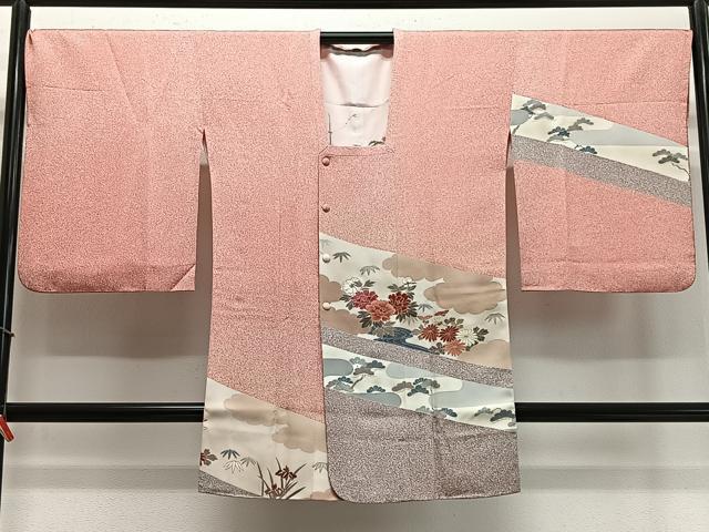 平和屋着物∞道行コート　流水草花文　たたき染め　金彩　ロング丈　正絹　逸品　CABD4432ua