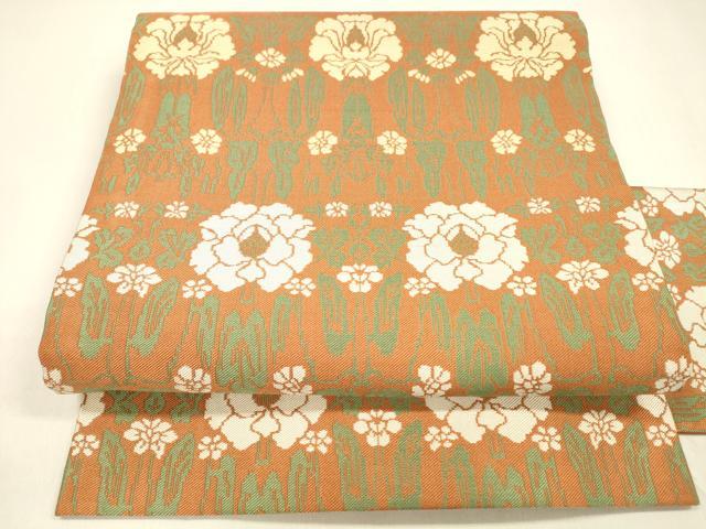 平和屋着物●俵屋　人間国宝　喜多川平朗 有職織物　九寸名古屋帯　蟹牡丹文　黄櫨染色　正絹　逸品　DAAZ4371cm